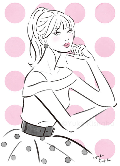 ピンクと黒、ドット柄のワンピースを着た女性の毛筆と水彩タッチのファッションイラスト